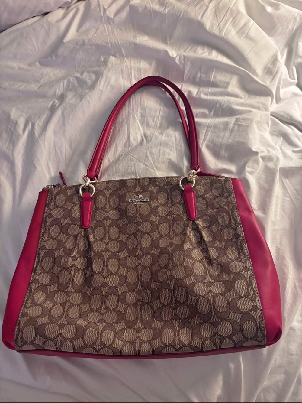 Coach Brown Signature Canvas Tote with Pink Trim